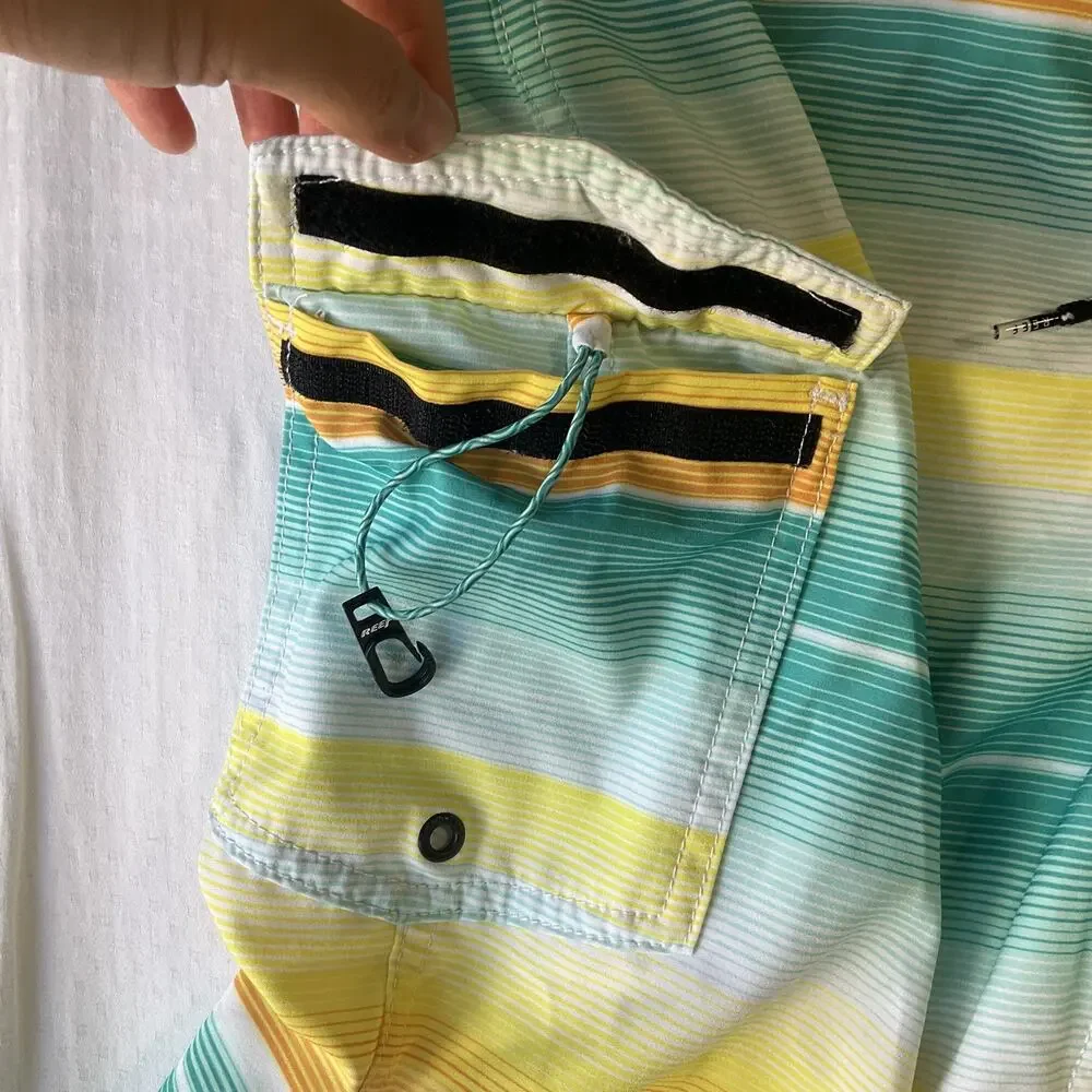 Reef Men Swimwear 32 Turquoise Board Shorts Striped Surf Shorts Logo Lined 10”